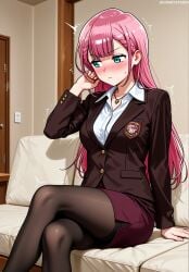 ^^^ ai_generated aqua_eyes arm_at_side arm_support averting_eyes bangs black_jacket black_pantyhose blazer blue_eyes blunt_bangs blush bokutachi_wa_benkyou_ga_dekinai braid breast_pocket breasts brown_jacket brown_pantyhose buttoned_cuffs buttons closed_mouth clothing collared_shirt couch crossed_legs door dress_shirt embarrassed female female hand_up heart_necklace indoors jacket jewelry jousneystudio kirisu_mafuyu_(bokuben) long_hair long_sleeves looking_to_the_side medium_breasts miniskirt necklace nose_blush office_lady on_couch pantyhose pencil_skirt pendant pink_hair pocket purple_skirt red_skirt school_emblem school_uniform shirt side_slit sitting skirt solo straight_hair sweatdrop thighband_pantyhose trembling white_shirt