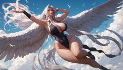 (titancore) ai_generated angel angel_wings breasts curvy_figure fat_breasts female final_fantasy_vii flying genderswap girl huge_breasts long_hair milf monster_girl my_lady revealing_clothes rule_63 sephimom sephiroth silver_hair thick_thighs transformation video_game_character wings