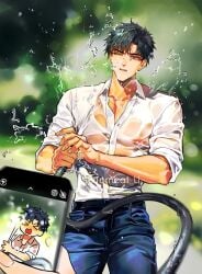 >_< 1boy belt black_hair blue_hair blue_pants blurry blurry_background cellphone chibi chibi_inset collared_shirt cowboy_shot green_background holding holding_hose holding_phone hose long_sleeves male male_focus male_only muscular muscular_male one_eye_closed open_mouth original outdoors pants phone pov see-through_clothes shirt short_hair smartphone solo solo_focus taking_picture teeth tomcat_li viewer_holding_phone water wet_clothes wet_shirt white_shirt