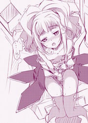 1girls anya_alstreim bare_shoulders code_geass dress_pull female female_only flat_chest light-skinned_female light_skin masturbation monochrome okiura pussy_juice saliva solo standing sweat thighhighs trembling