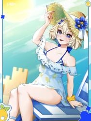 bare_shoulders bikini blonde_hair blue_eyes blue_nails collarbone dress eyebrows_visible_through_hair female flower hair_between_eyes hat hat_flower looking_at_viewer nail_polish off_shoulder open_mouth scrunchie short_hair sitting smile solo sun_hat swimsuit vyugen wrist_scrunchie yenko