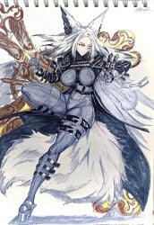 animal_ears bodysuit breasts closed_mouth dya_rikku_(vtuber) female fox_ears fox_tail large_breasts long_hair looking_at_viewer solo tail thigh_strap traditional_media vyugen weapon white_hair