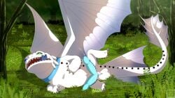 absurd_res balls blakezarks bodily_fluids cel_shading detailed_background dragon dreamworks erection fan_character feral forest forest_background full-length_portrait genital_fluids genitals hi_res how_to_train_your_dragon lying male multi_genitalia mythological_creature mythological_scalie mythology nature nature_background on_side open_mouth penis plant portrait resting scalie shaded solo tail toothless tree white_body