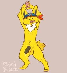 1boy 2025 animal_genitalia animal_penis anthro balls biped bodily_fluids canine_genitalia canine_penis chest_tuft closed_eyes digital_drawing_(artwork) digital_media_(artwork) digitigrade eeveelution erection fangs full-length_portrait fur game_freak generation_1_pokemon genital_fluids genitals hi_res jolteon knot knotted_penis male male_jolteon nintendo nude open_mouth paws penis pokemon pokemon_(species) portrait precum sheath signature simple_background solo solo_anthro solo_focus solo_male standing stretching taintedstar teeth tuft yawn yellow_body yellow_fur