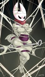 2025 2_horns absurd_res anthro arms_tied arthropod arthropod_abdomen arthropod_webbing black_body bodily_fluids bondage bound breasts female genital_fluids genitals hi_res hollow_knight horn hornet_(hollow_knight) legs_tied melee_weapon multicolored_body nipple_outline red_scarf scarf solo struggling suspension suspension_bondage team_cherry two_tone_body vaginal_fluids vessel_(species) vulva weapon web_bondage white_body wide_hips zinnick