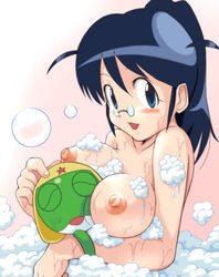 between_breasts blue_hair breasts bubble bubbles foam glasses hinata_aki keroro keroro_gunsou looking_at_viewer nipples open_mouth pince-nez soap topless