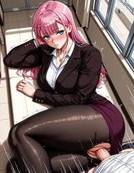1boy ai_generated bangs black_jacket black_pantyhose blue_eyes blunt_bangs blush bokutachi_wa_benkyou_ga_dekinai braid breasts brown_pantyhose classroom cleavage closed_mouth clothed_sex clothes_pull clothing collarbone collared_shirt desk dress_shirt female female french_braid indoors jacket jewelry jousneystudio kirisu_mafuyu_(bokuben) large_breasts long_hair long_sleeves looking_at_viewer lying male necklace no_panties nose_blush office_lady on_desk on_side pants pants_pull pantyhose pencil_skirt penis pink_hair purple_skirt pussy school sex shirt skirt solo_focus straight suit teacher thighband_pantyhose thighs torn_clothes torn_pantyhose trembling vaginal_penetration white_shirt window