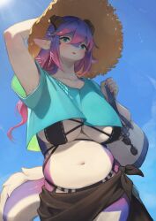 1girls anthro aqua_eyes big_breasts bikini blue_hair blush countershade_torso countershading crop_top dragon female female_only handbag hi_res horns lanya_(lcshian) lcshian long_hair looking_at_viewer pink_hair sarong shaded solo straw_hat tail two_tone_hair