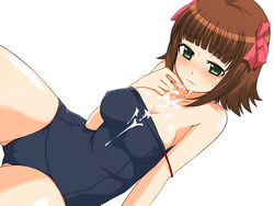 blush breasts brown_hair cum cum_in_mouth cum_on_body cum_on_breasts cum_on_upper_body green_eyes idolmaster kazuto_san large_breasts one-piece_swimsuit ribbon ribbons school_swimsuit short_hair swimsuit