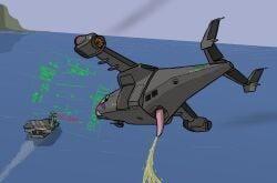 aircraft aircraft_carrier aliasing anthro av-42c blush bodily_fluids digital_media_(artwork) dire_aircraft dire_machine dire_vehicle english_text fogspot genital_fluids genitals gun hud kestrel_(vtol_vr) living_aircraft living_machine living_vehicle looking_back machine peeing penis ranged_weapon sea ship solo text urine vehicle vtol vtol_vr warship water watercraft watersports weapon