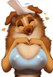 ai_generated ambiguous_gender anthro big_breasts blep blush breasts brown_body brown_fur brown_nose canid canine canis chest_tuft closed_eyes clothed clothing disembodied_hand domestic_dog duo eyelashes female floppy_ears fluffy fur glistening glistening_clothing half-length_portrait hand_over_breast hands_over_breasts happy head_tilt heart herding_dog hi_res huge_breasts mammal multicolored_body multicolored_fur neck_tuft nipple_outline nipples pastoral_dog petting portrait sheepdog shirt simple_background smile solo_focus tan_body tan_fur tongue tongue_out topwear tuft white_background
