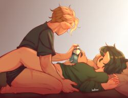 1boy 1boy1girl 1girl 1girls bed bedroom bird canon_couple dnirobin golden_eyes golden_hair green_eyes green_hair green_hair_female hunter_(the_owl_house) love parent partners pet pillow semi_nude sex soft the_owl_house waffle willow_park