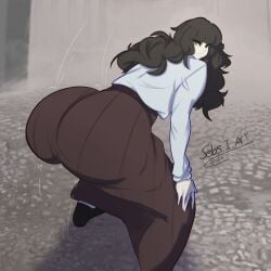 1girls ass ass_in_dress big_ass black_hair bottom_heavy bouncing_ass bubble_butt clothing dress fat_ass fear_and_hunger female female_only huge_ass large_ass looking_at_viewer looking_back marina_(fear_and_hunger) massive_ass motion_lines sebs_i_art solo thick_ass thick_thighs thunder_thighs twerking wide_hips
