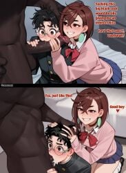 1girls 2boys ai_generated assisted_fellatio assisted_sex ayase_momo black_hair blowjob brown_eyes brown_hair comic cuckold cuckolding cum_in_mouth dandadan dark-skinned_male dark_penis dark_skin ezzezezz female gay gay_sex glasses interracial light-skinned_female light-skinned_male light_skin male netorare netorase ntr penis school_uniform sex sissy takakura_ken_(okarun) text