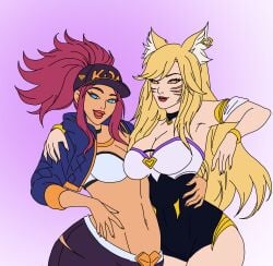 2girls animal_ear_fluff animal_ears animal_girl baseball_cap big_breasts blonde_hair bracelet breasts busty cleavage crop_top cropped_jacket curvy facial_markings female_only flat_colors fox_ears fox_girl hat hourglass_figure jewelry k/da_ahri k/da_akali k/da_series kitsune midriff navel official_alternate_costume short_shorts simple_background sports_bra strapless_top wide_hips yellow_eyes yuri