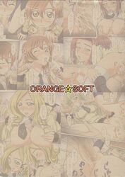 3girls breasts c.c. censored code_geass collage color cum doujin doujinshi facial fellatio female gangbang green_hair group_sex highres human kallen_stadtfeld male milly_ashford oral orange_soft penis school_uniform sex shirley_fenette straight unseen_male_face wince wink