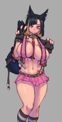 animal_ears belt black_hair blush breasts broken_heart character_request ear_ornament ear_piercing earrings female fingerless_gloves gloves grey_background heart heart_ornament huge_breasts jewelry nails navel piercing purple_eyes sideboob skirt skull_earrings smile socks stickybunz striped_clothes striped_socks tail v