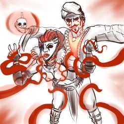 1boy 1girls 2017 artist_request big_breasts breasts consensual_tentacles darkest_dungeon doggy_style female front_view goatee hellion_(darkest_dungeon) hi_res holding_breast long_hair magic male male/female moustache necklace occult occultist_(darkest_dungeon) peace_sign ponytail red_hair sex skull source_request tentacle tentacle_in_mouth tentacle_sex