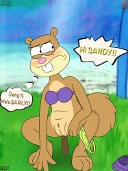 anthro bikini bikini_bottom bikini_thong bikini_top bodily_fluids chest_tuft clothing crotch_tuft crouching embarrassed feces feces_in_ass female genital_fluids genitals hi_res mammal nickelodeon pubes rodent sandy_cheeks scat sciurid solo spongebob_squarepants spongebob_squarepants_(character) squirrel swimwear thedispenser69 thinking tree_squirrel tuft two-piece_swimsuit urine urine_on_ground vulva walk-in
