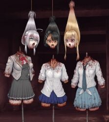 3girls ahoge alisa_mikhailovna_kujou amputee bad_end black_hair blonde_hair blood_in_mouth blood_on_face blue_eyes death decapitated_head decapitation disembodied_head dismemberment dungeon eyes_rolling_back gore guro hair_between_eyes hair_bondage hayase_nagatoro impalement long_hair multiple_deaths multiple_girls on_display open_mouth orange_eyes pale-skinned_female pale_skin please_don't_bully_me,_nagatoro red_eyes ribbon school_uniform severed_head sidelocks silver_hair skirt snuff suspension tanned_female tanned_skin tie tied_hair tokidoki_bosotto_russian_de_dereru_tonari_no_alya-san tongue tongue_out very_long_hair