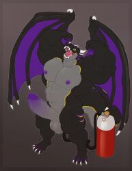 abs anthro balls black_body cheek_frill claws dragon facial_horn flexing flexing_bicep front_view full-length_portrait genitals glans grey_balls grey_body grey_penis gryblak hi_res horn hose hose_inflation humanoid_genitalia humanoid_penis inflation male male_only markings membrane_(anatomy) membranous_wings muscular muscular_anthro muscular_male mythological_creature mythological_scalie mythology navel nipples nose_horn nude open_mouth pecs penis portrait pose purple_glans purple_markings purple_nipples purple_penis purple_wings red_tongue scalie solo standing tongue vein veiny_penis white_horn wing_claws wings yellow_eyes yellow_markings zaelgolin_valturis