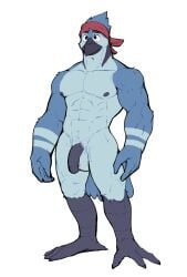 abs anthro areola avian avian_feet balls barazoku beak biped bird black_body blue_body blue_feathers blue_jay cartoon_network colored corvid feathers fingers flaccid foreskin full-length_portrait genitals grey_body hi_res humanoid_genitalia humanoid_hands humanoid_penis jay_(bird) jrjresq kerchief kerchief_only looking_forward male markings mordecai_(regular_show) mostly_nude_anthro mostly_nude_male muscular muscular_anthro muscular_male navel new_world_jay nipples non-mammal_balls non-mammal_nipples oscine passerine pecs penis pinup portrait pose regular_show simple_background smile solo standing striped_markings stripes white_background