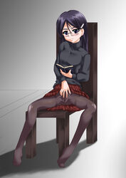 1girls claes_(gunslinger_girl) glasses gunslinger_girl hairclip highres kurogane_(artist) kurogane_(majesticrune) masturbation no_panties pantyhose purple_eyes purple_hair pussy reading sitting sitting_on_chair solo spread_pussy spread_pussy_under_clothes