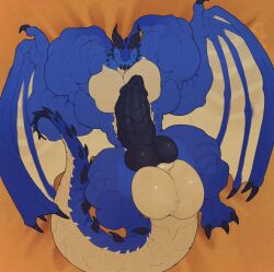 animal_genitalia anthro balls big_balls big_muscles big_penis black_claws black_horn blue_body cheek_spikes chin_spikes claws dragon facial_spikes front_view genitals gryblak hands_behind_head hi_res horn huge_balls huge_cock huge_muscles humanoid_genitalia humanoid_penis hybrid_genitalia hybrid_penis knot knotted_humanoid_penis knotted_penis looking_at_viewer lying male male_anthro membrane_(anatomy) membranous_wings mouth_closed muscular muscular_anthro muscular_male mythological_creature mythological_scalie mythology nude on_back penis retracted_sheath ridged_horn ridged_penis scalie sheath signature solo spikes spikes_(anatomy) tail tan_balls tan_body tan_tail tan_wings toe_claws torvanskir_(korboryn) wing_claws wings yellow_eyes
