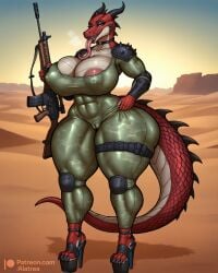 abs ai_generated alatrea armor big_ass bodysuit bottom_heavy bracers cameltoe camo_clothing camouflage choker clawed_feet clawed_fingers claws cleavage_overflow curvaceous curvy desert elbow_pads eyeshadow feet female furry gun high_heels hips_wider_than_shoulders holding_object holding_weapon horns huge_breasts huge_calves huge_hips huge_thighs knee_pads large_breasts leg_band lipstick long_fingernails long_tongue makeup nipple_bulge nipple_slip outdoors pussy_outline red_scales reptile reptile_humanoid rifle saliva scales scalie scalie_female sharp_teeth shoulder_pads skin_tight skinsuit small_waist solo_female spikes tail thick thick_ass thick_calves thick_hips thick_legs thick_thighs tight_clothing toned toned_female two_tone_body visible_breath voluptuous wide_hips wide_thighs yellow_eyes