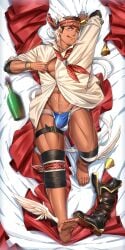 1boy abs balls_under_clothes bandana bara barefoot bead_bracelet beard_stubble beefy big_bulge blush boots bottle brown_eyes brown_hair bulge bulge_through_clothing clothes_pull dakimakura dark_skin drawstring drawstring_bottomwear feathered_ears feathered_wings feathers feet fishnet_underwear fishnets full_body gay genital_outline headband hermes_(tokyo_afterschool_summoners) hi_res hungry_mouth hunk inviting jewelry knee_pads legband looking_at_viewer lying lying_on_back lying_on_bed male male_only manly mature_male multicolored_hair muscles muscular muscular_legs muscular_male muscular_thighs navel neckerchief necklace no_body_hair one_eye_closed pantsless pecs penis_peek pulling_clothing quadriceps raised_arm red_cloth ring seductive shaved_crotch short_hair six_pack soles solo speedo spilled_drink sweat sweatdrop tassel tepen_(tptptpn) toes tokyo_afterschool_summoners tongue_out two_tone_hair very_high_resolution white_hair white_shirt wings_on_feet wings_on_head wink wristband yaoi
