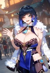 1girls ;d ai_generated architecture areola_slip arm_behind_back bangs bare_shoulders black_hair black_pants blue_dress blue_hair blush bob_cut breasts cleavage cleavage_cutout clothing clothing_cutout curvaceous curvaceous_female curvaceous_figure curvy curvy_figure diagonal_bangs dice dress earrings east_asian_architecture female female female_focus fur-trimmed_jacket fur_trim genshin_impact gloves gradient_hair green_eyes hip_vent hoyoverse inviting inviting_to_sex jacket jacket_on_shoulders jewelry large_breasts looking_at_viewer miyuai mole mole_on_breast multicolored_hair neck_ring neck_tassel one_eye_closed open_mouth pants pelvic_curtain presenting presenting_ass presenting_breasts presenting_hindquarters presenting_self seductive seductive_look seductive_smile short_hair sleeveless smile solo_focus sweat tassel thighs tight_clothes tight_pants two-tone_hair vision_(genshin_impact) voluptuous voluptuous_female waving white_jacket yelan_(genshin_impact)