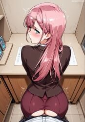 1boy ai_generated ass ass_cutout bent_over blazer blue_eyes blunt_bangs blush bokutachi_wa_benkyou_ga_dekinai braid breasts brown_jacket brown_skirt classroom closed_mouth clothed_sex clothing clothing_cutout desk ear_blush female female from_above from_behind indoors jacket jousneystudio kirisu_mafuyu_(bokuben) leaning_forward long_hair looking_at_viewer looking_back male no_panties office on_desk pantyhose pink_hair red_skirt sex sex_from_behind shirt skirt solo_focus standing standing_sex straight teacher tile_floor tiles torn_clothes torn_pantyhose trembling vaginal_penetration white_shirt