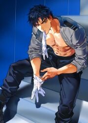 1boy abs black_pants black_shoes blue_eyes blue_hair closed_mouth clothes_in_mouth collarbone collared_shirt feet_out_of_frame gloves grey_shirt looking_at_viewer male male_focus male_only muscular muscular_male navel nipples open_clothes open_shirt original pants parted_bangs pectorals shirt shoes short_hair sitting solo tomcat_li white_gloves