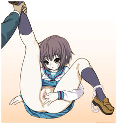 brown_eyes censored cum facial fingering footwear highres leg_hold masturbation nagato_yuki panties panties_around_leg panties_around_one_leg pussy royalwatts school_uniform serafuku short_hair socks spread_legs spread_pussy suzumiya_haruhi_no_yuuutsu underwear