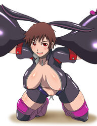 armpit boots breasts brown_hair bunny_ear center_opening clit_slip clitoris clitoris_slip clitslip getsumento_heiki_miina hirokawa_hiroshi hirokawa_kouichirou huge_breasts kneeling latex lipstick mina_ootsuki ootsuki_mina pussy red_eyes short_hair thigh_boots thighhighs uncensored unzipped