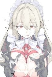 absurdres after_fellatio after_handjob alexandrina_sebastiane black_dress blonde_hair bow bowtie breasts breasts_out cum cum_on_body cum_string dress facial female hands_up heart heart-shaped_pupils highres huge_breasts licking licking_cum licking_lips long_hair looking_ahead looking_at_viewer maid maid_headdress mocamocaink orange_eyes pinafore_dress pov simple_background sleeveless sleeveless_dress solo symbol-shaped_pupils tongue tongue_out upper_body white_background white_bow zenless_zone_zero