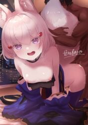 1boy 1girls absurd_res bed bedroom bedroom_sex blush breasts breasts_out clothed_female_nude_male clothed_sex clothing collar dark-skinned_male dark_skin doggy_style fox fox_ears fox_girl fox_tail happy happy_sex heart-shaped_pupils highres interracial interracial_sex pale-skinned_female pale_skin phase_connect phase_origins small_breasts tail tenma_maemi thighhighs vaginal_penetration vaginal_sex virtual_youtuber vtuber window とをふや