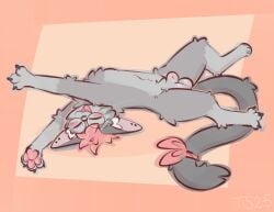 2025 animal_genitalia anthro balls biped blush cheek_tuft claws digital_drawing_(artwork) digital_media_(artwork) digitigrade domestic_cat ear_piercing eyewear facial_tuft fangs feet felid feline felis fluffy full-length_portrait fully_sheathed fur genitals glasses grey_body grey_fur happy hi_res inner_ear_fluff lying male mammal navel nude on_back open_mouth pawpads paws piercing playful portrait pose relaxing sheath signature simple_background slim solo spread_toes stretching tail taintedstar teeth toes tuft whiskers