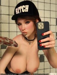 b69 bitch breasts breasts_out caucasian cum_drip cum_in_mouth cum_on_face facial life_is_strange rachel_amber selfie slut topless