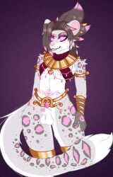 accessory animal_genitalia anthro arm_markings arm_tuft armband ball_tuft balls belt big_balls bottomless bottomless_anthro bracelet brown_hair celestial_being cereshinu cheek_tuft clothed clothing deity egyptian egyptian_clothing eyelashes eyeliner eyeshadow facial_markings facial_tuft felid feline_ears femboy fluffy fluffy_tail fur gem genitals glowing glowing_eyes gold_(metal) gold_jewelry hair hair_accessory hairpin hand_markings head_markings hi_res highlights_(coloring) jewelry leg_tuft legwear long_eyelashes long_hair looking_at_viewer makeup male mammal markings midriff multicolored_body multicolored_fur multicolored_hair navel pantherine penis penis_poking_out penis_tip pink_eyes pink_highlights pink_nose pink_penis pink_tongue pubic_tattoo pupils red_clothing red_eyeliner red_eyeshadow shaded sheath shinu_(cereshinu) shoulder_tuft smile smiling_at_viewer snow_leopard solo spots spotted_body spotted_markings standing tail tail_tuft tattoo thigh_highs tongue tongue_out topwear tuft two_tone_body two_tone_fur two_tone_hair usekh white_pupils
