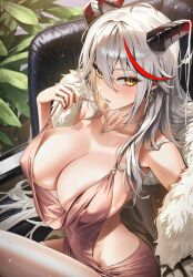 aegir_(azur_lane) aegir_(one-on-one_leisure_time)_(azur_lane) alternate_costume azur_lane bare_shoulders blush breasts cg cleavage coat collarbone demon_horns dress earrings female fur_trim hair_between_eyes horns jewelry large_breasts long_hair looking_at_viewer multicolored_hair necklace parted_lips pink_dress plant red_hair sitting solo strap_pull streaked_hair thighs two-tone_hair very_long_hair white_hair yellow_eyes