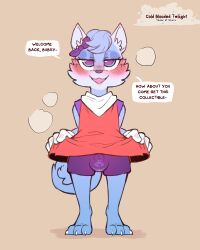 2025 3_toes 5_fingers anthro artist_logo artist_name ball_bulge black_nose blue_body blue_fur blue_hair blush blush_lines bottomwear bow_accessory bubsy_(series) bulge cheek_tuft claws clothed clothing clothing_lift cold-blooded-twilight dialogue domestic_cat english_text eyelashes facial_tuft feet felid feline felis fingers fur gloves hair handwear hi_res inner_ear_fluff kerchief logo looking_at_viewer male mammal multicolored_body multicolored_fur narrowed_eyes neckerchief neckwear oblivia_(bubsy) open_mouth open_smile purple_bottomwear purple_clothing purple_eyes purple_shorts red_clothing red_shirt red_topwear rule_63 shirt shirt_lift shorts signature simple_background smile solo sparkles standing tail tan_background text toes topwear tuft white_claws white_clothing white_gloves white_handwear white_kerchief white_neckerchief