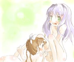 2girls arika_yumemiya ass blush braid brown_hair female green_eyes long_hair mai_otome maromi_(am97) mashiro_blan_de_windbloom multiple_girls my-otome nude purple_hair pussy_juice twin_braids wavy_mouth yuri