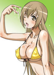 bikini_top blush breasts brown_eyes brown_hair cum facial hirokawa_hiroshi hirokawa_kouichirou huge_breasts large_breasts long_hair micro_bikini minami-ke minami_haruka string_bikini swimsuit tongue wink