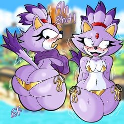 1girls anthro ass ass_bigger_than_head ass_cleavage ass_crack bare_shoulders bikini blaze_the_cat blush bomba_world12 bottom_heavy breasts bubble_butt butt_crack collarbone countershade_torso countershading eyelashes female female_only flat_chest furry furry_only gem gem_on_forehead gluteal_fold golden_bikini hairband head_tilt head_tuft hips hips_wider_than_shoulders hourglass_figure looking_away looking_back looking_down midriff mobian_(species) motion_lines navel nervous nervous_smile nipple_bulge notice_lines purple_body purple_fur raised_tail sega shaking small_breasts solo sonic_(series) sonic_the_hedgehog_(series) sweatdrop tail tearing_clothes text thick_thighs thighs three-quarter_portrait torn_clothes two_tone_body two_tone_fur two_tone_hair water_drop white_body white_fur