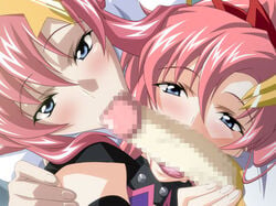 2girls :>= ball_caress blue_eyes blush caressing_testicles censored close-up collaborative_fellatio fellatio from_above group_sex gundam gundam_seed gundam_seed_destiny hair hair_ornament hairclip humanoid lacus_clyne licking long_hair lost_rarities meer_campbell multiple_fellatio multiple_girls oral penis penis_sharing pink_hair pov red_hair sex soul_foundation star star_hair_ornament sucking takapiko teamwork threesome tongue