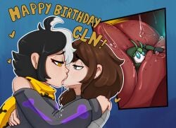 1ambiguous 2girls ambiguous_gender black_hair brown_hair female french_kiss kissing light-skinned_female light_skin lips multicolored_hair saliva tagme veruveru21 vore white_hair yellow_eyes