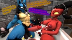 anthro balls barbie_wire bathroom bathtub big_balls big_penis bodily_fluids demon dominant dominant_female duo edging female generation_4_pokemon genital_fluids genitals hellaverse helluva_boss hi_res imp lucario lucious_(valorynz) male male/female muscular muscular_male nintendo nipple_piercing nipples penis piercing pokemon pokemon_(species) precum sourcebumbiscuit teasing throbbing throbbing_balls throbbing_penis wet
