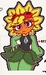 breasts female freckles freckles_on_face goggles goggles_on_head green_body green_skin hand_on_hip humanized leaf_skirt looking_at_viewer miniskirt pixel_art plant_girl plants_vs_zombies solar_flare_(pvz) sprite_art tank_top wide_hips