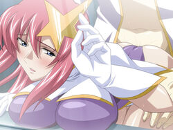 blue_eyes blush breast_press breasts clothed_sex doggy_style from_behind gloves gundam gundam_seed gundam_seed_destiny hair_ornament large_breasts long_hair lost_rarities meer_campbell pink_hair pussy_juice rape red_hair sex soul_foundation star star_hair_ornament takapiko vaginal_penetration